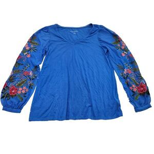 Soft Surroundings Sz‎ M Arboreal Boho Blue Sheer Mesh Floral Embroidered Top